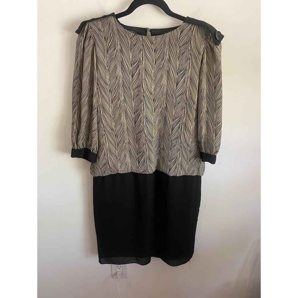 Vintage 80s Drop Waist Dress Tan Black Feather Print‎ Shoulder Pads Size 8